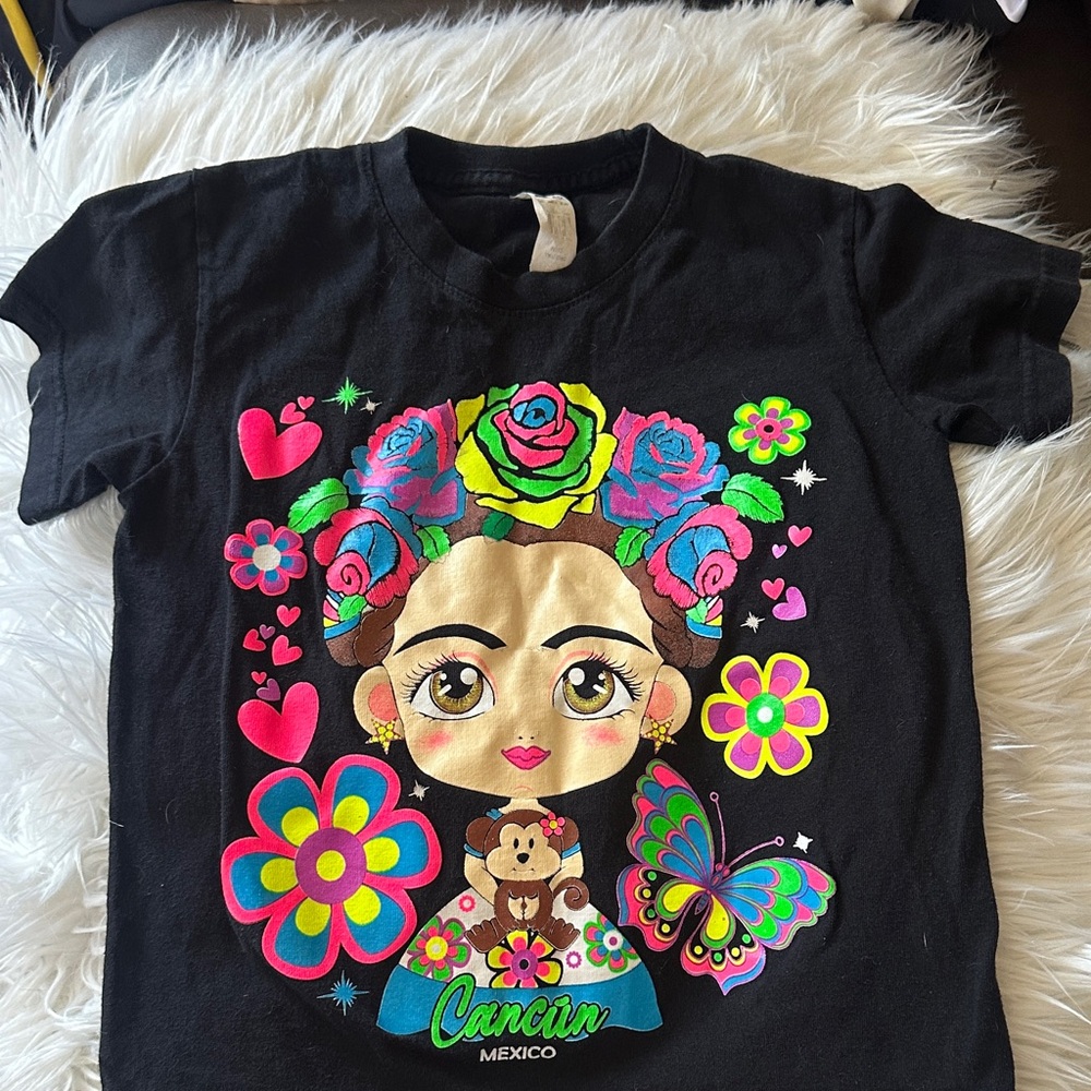 Black Kids Graphic Tee with Colorful Floral Frida Design